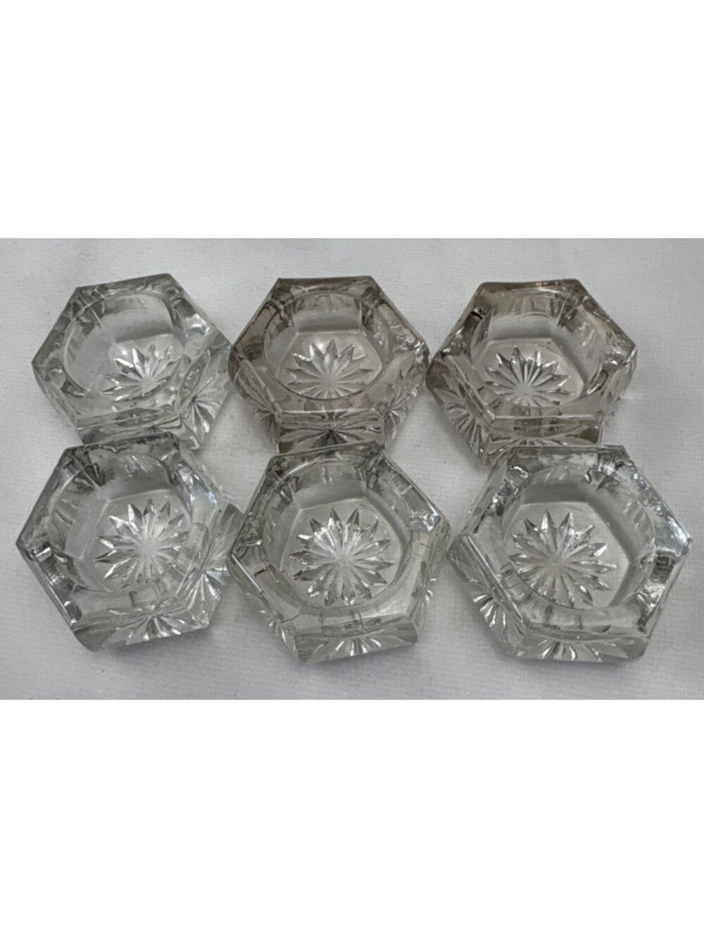 Hexagonal Glass Salt Cellars Set 6 Pressed Starburst Base Vintage